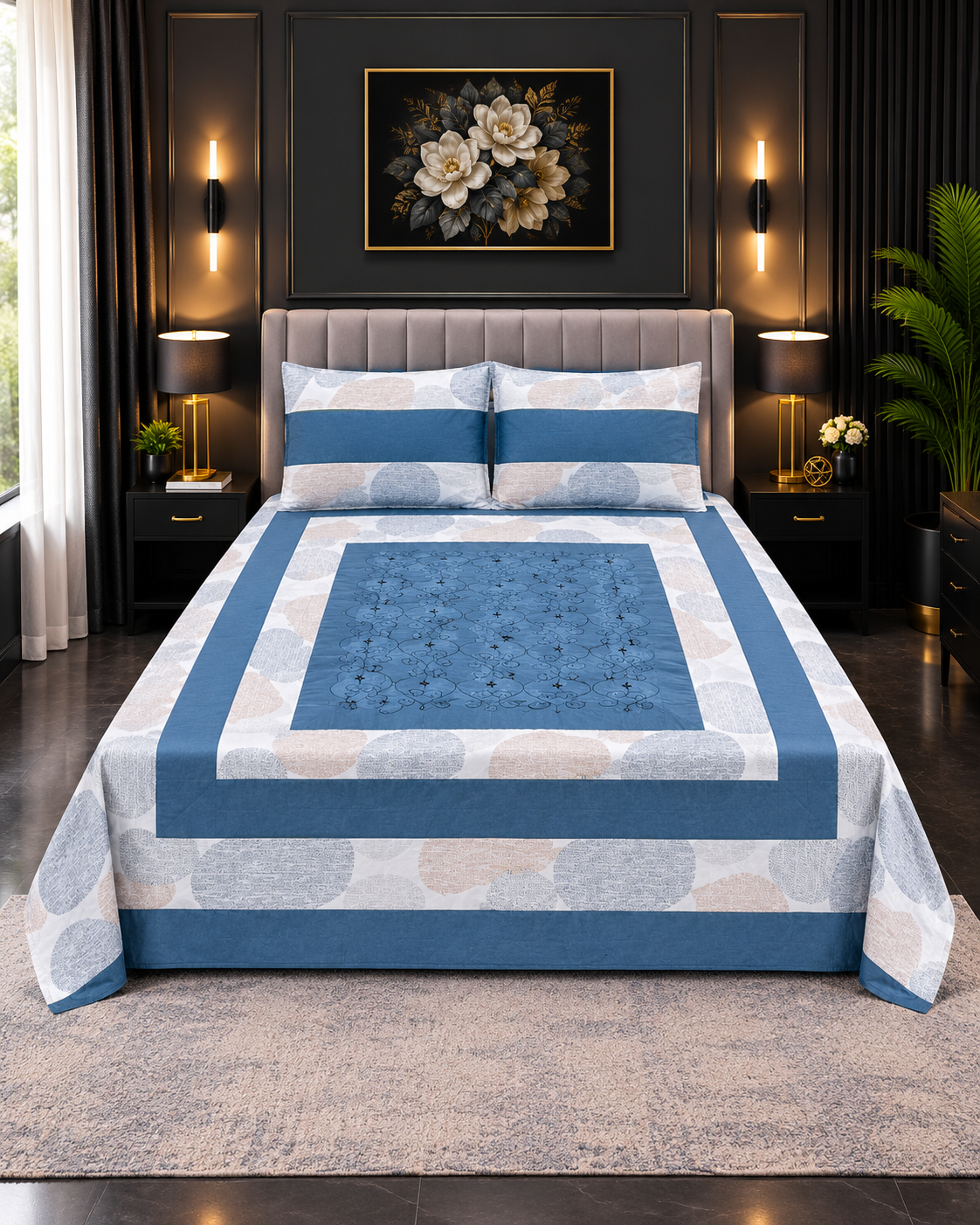 Cotton Embroided 9 Cotton Embroidered King Bed Sheet Set – Slate Blue Geometric - Image 1