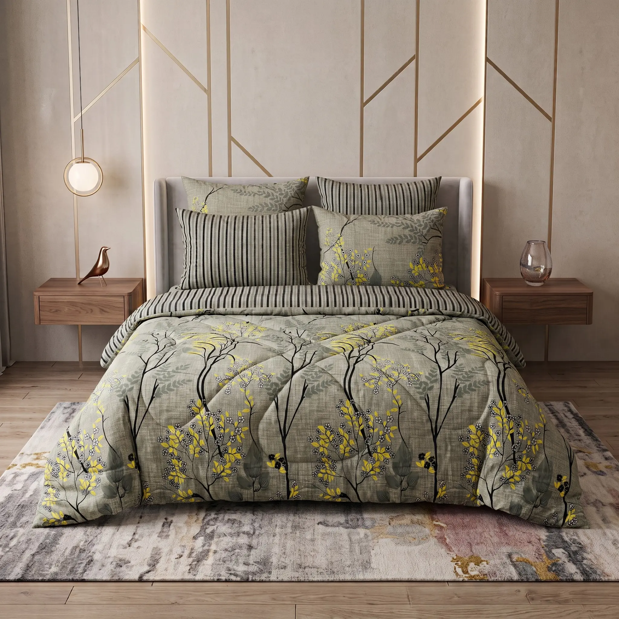 Razai set 10 Grey Yellow Floral Vine 6PC Razayi Set - Image 1