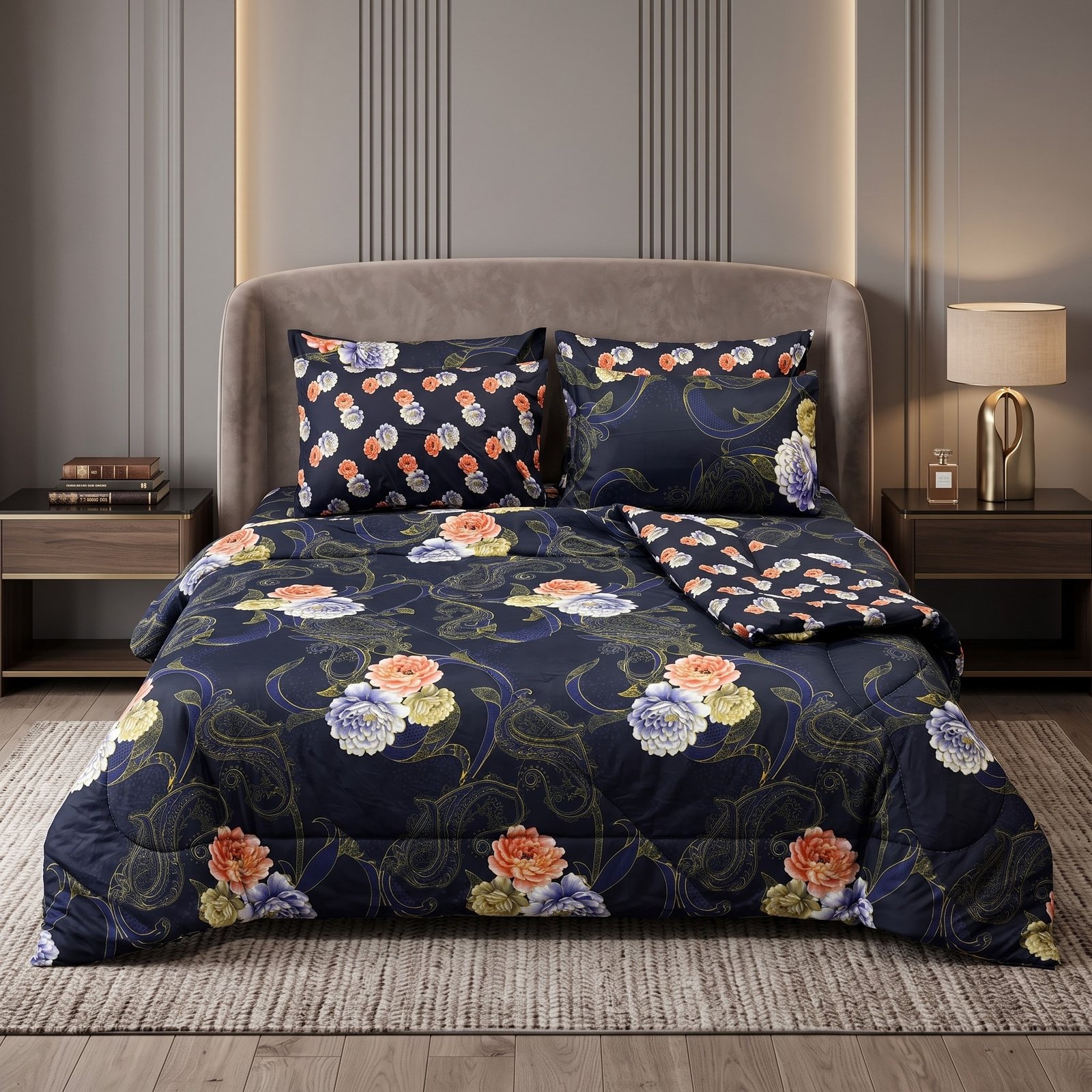 Razai set 13 Navy Blue Peony Floral 6PC Razayi Set - Image 1