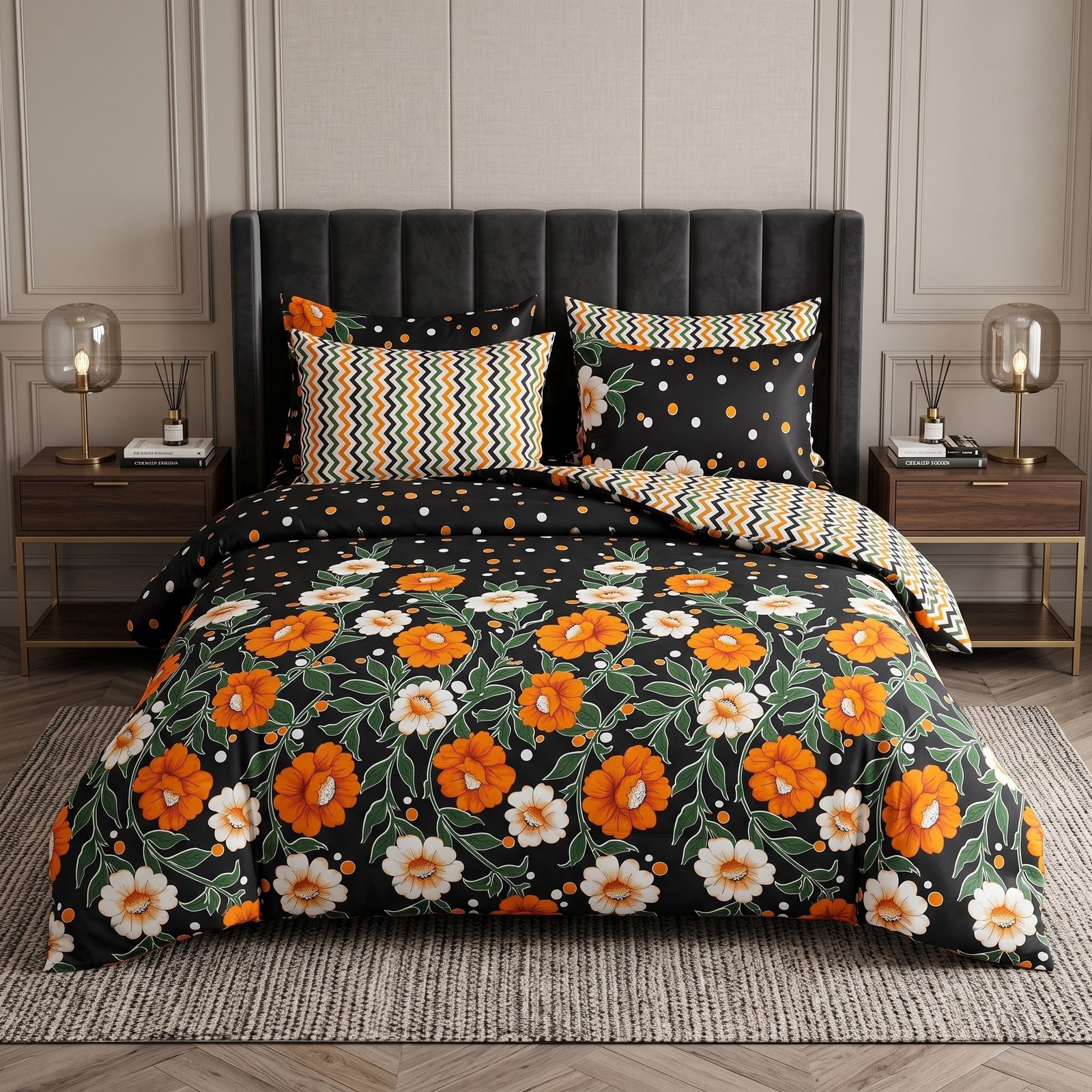 Razai set 16 Black Orange Floral Zigzag 6PC Razayi Set - Image 1