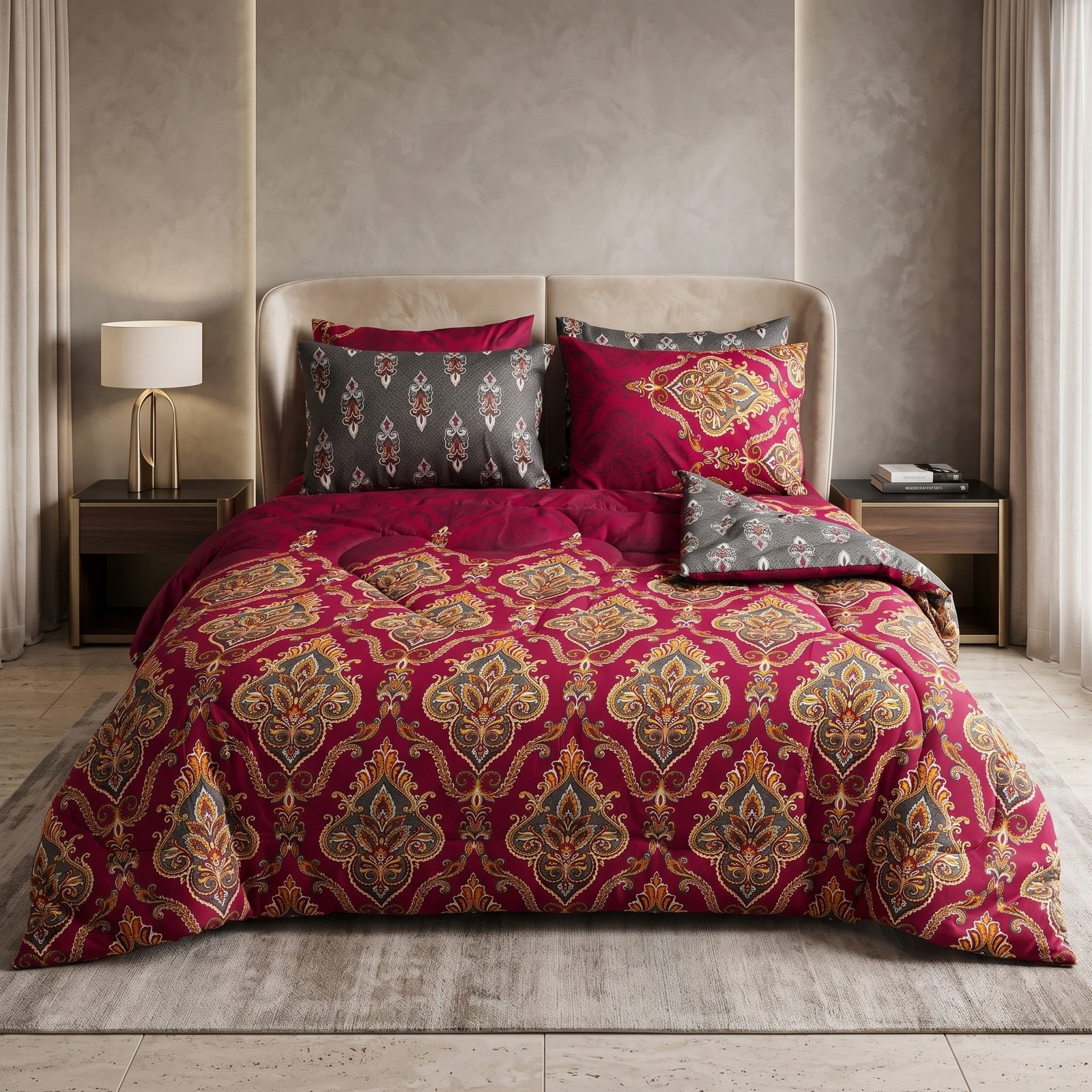 Razai set 17 Burgundy Royal Damask 6PC Razayi Set - Image 1