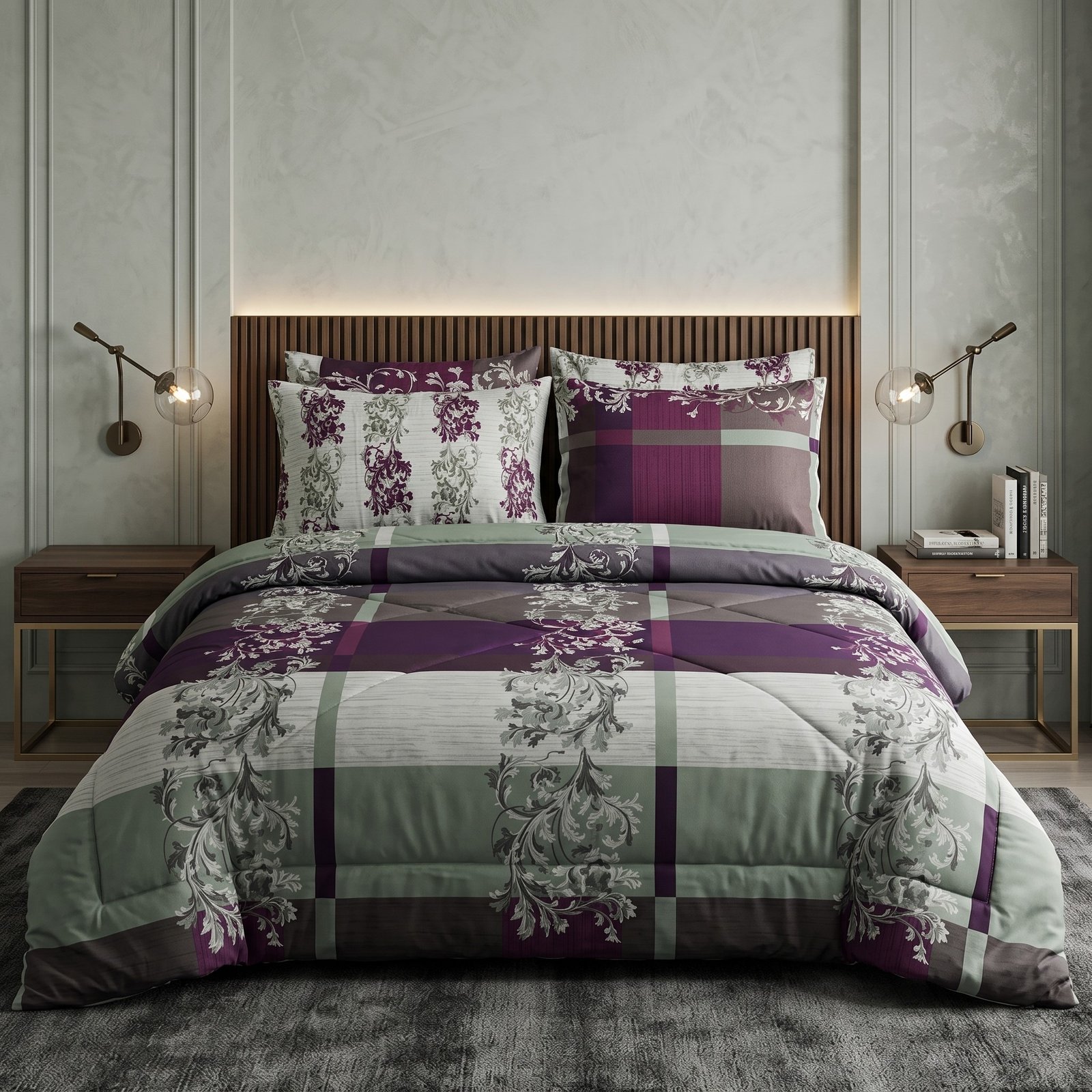 Razai set 18 Plaid Purple Sage Botanical 6PC Razayi Set - Image 1