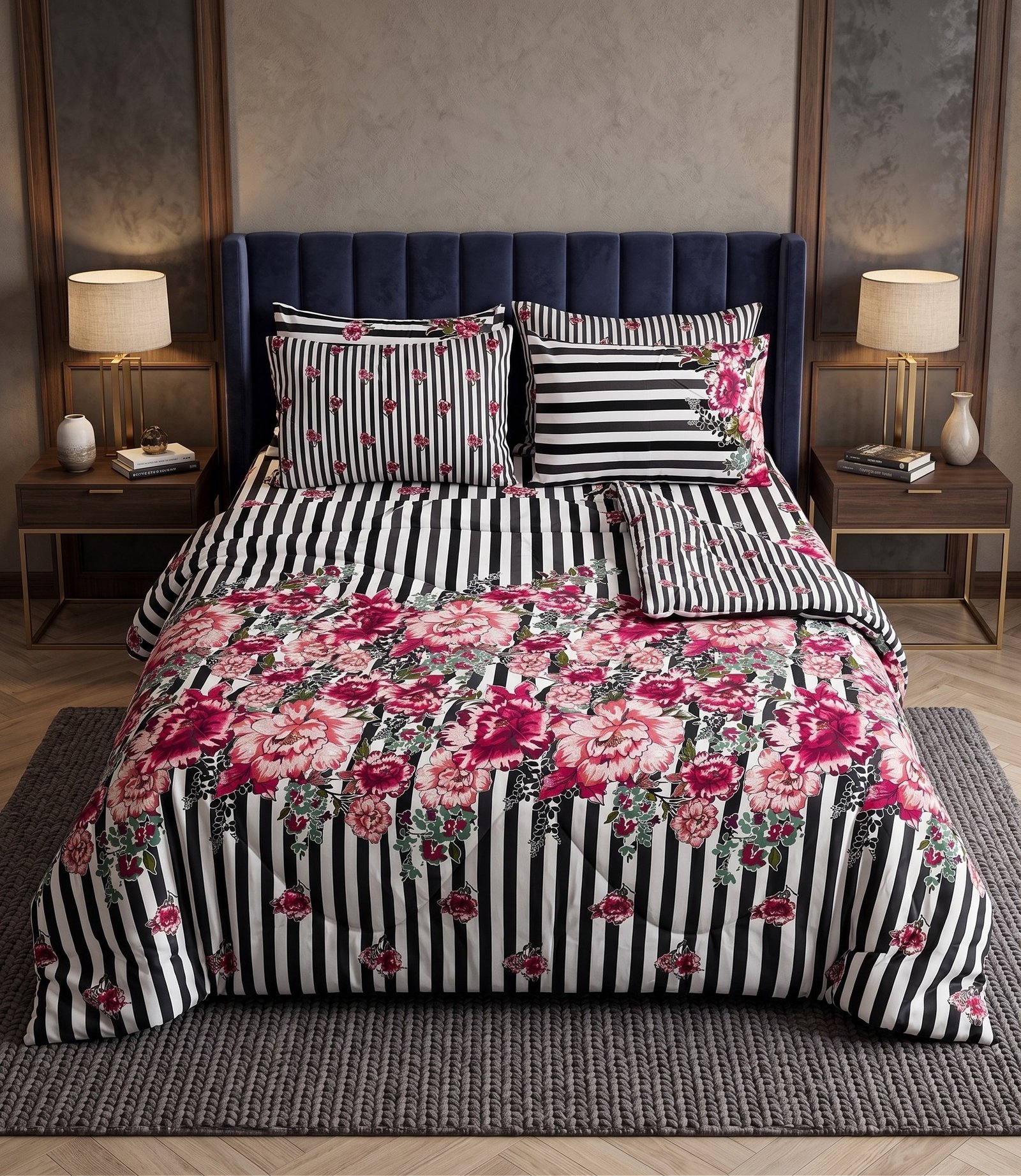 Razai set 19 Striped Pink Floral Bloom 6PC Razayi Set - Image 1