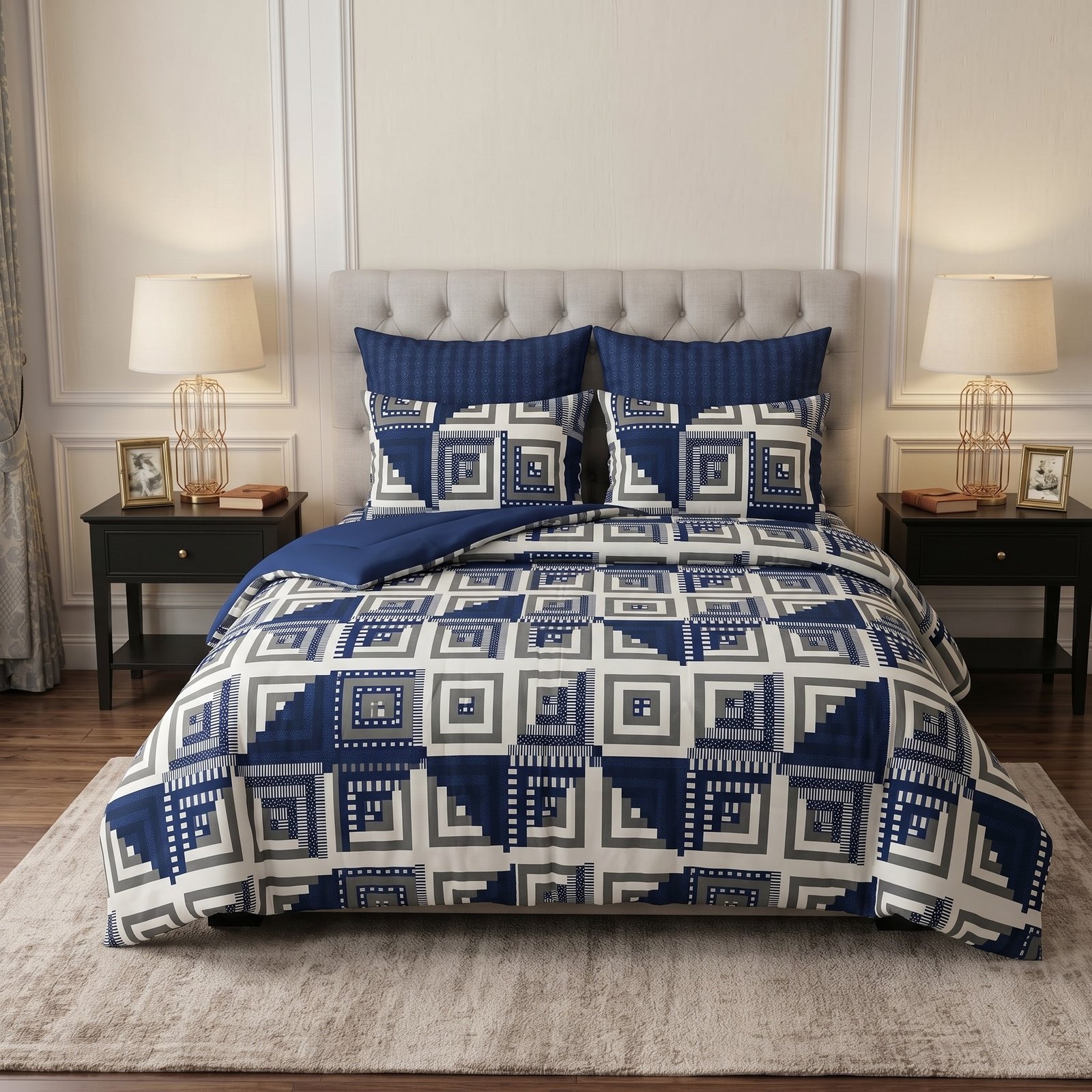 Razai set 20 Royal Blue Geometric Patchwork 6PC Razayi Set - Image 1
