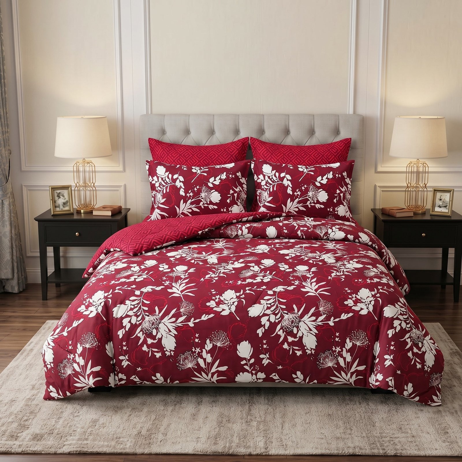 Razai set 3 Burgundy White Botanical 6PC Razayi Set - Image 1
