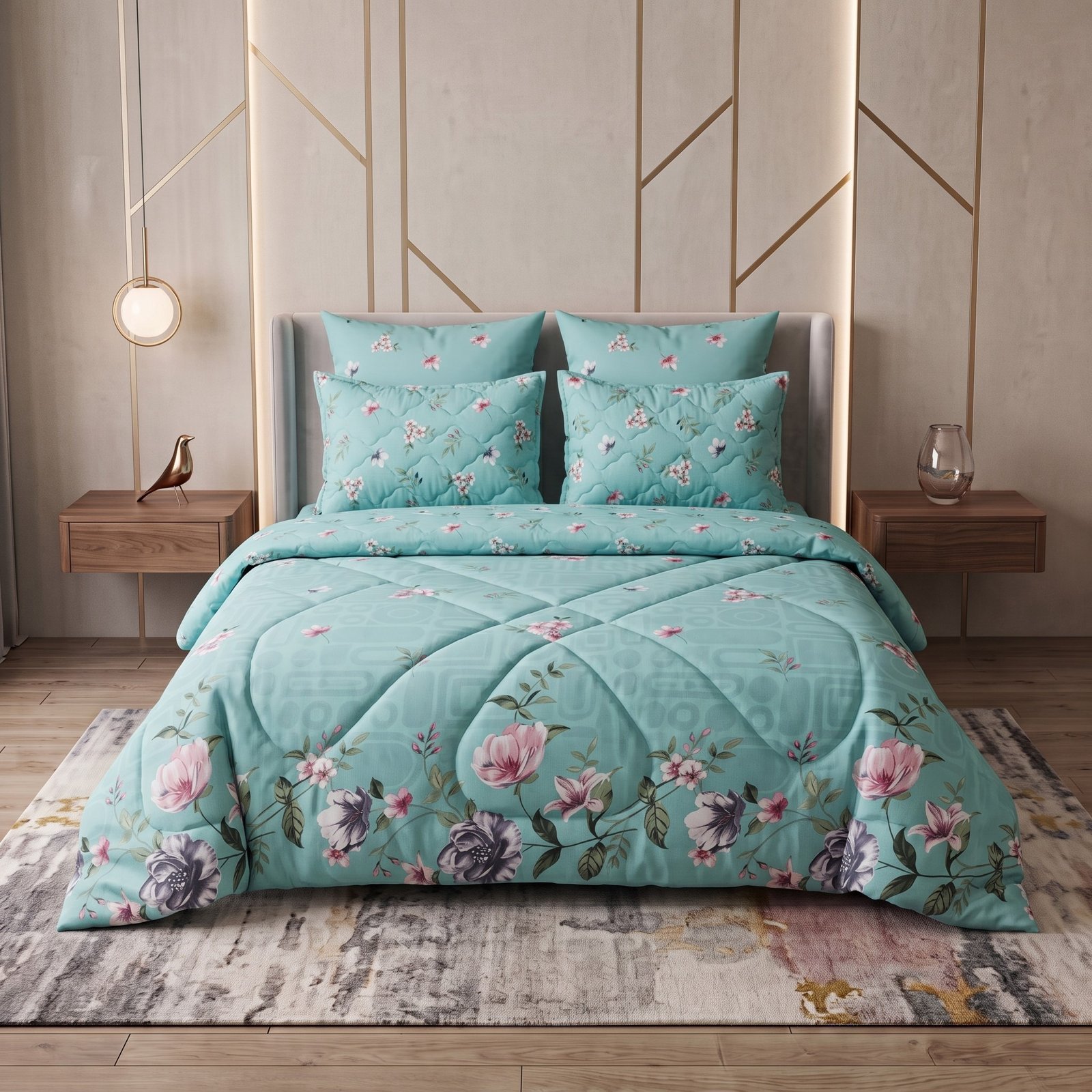 Razai set 5 New Aqua Mint Floral 6PC Razayi Set - Image 1