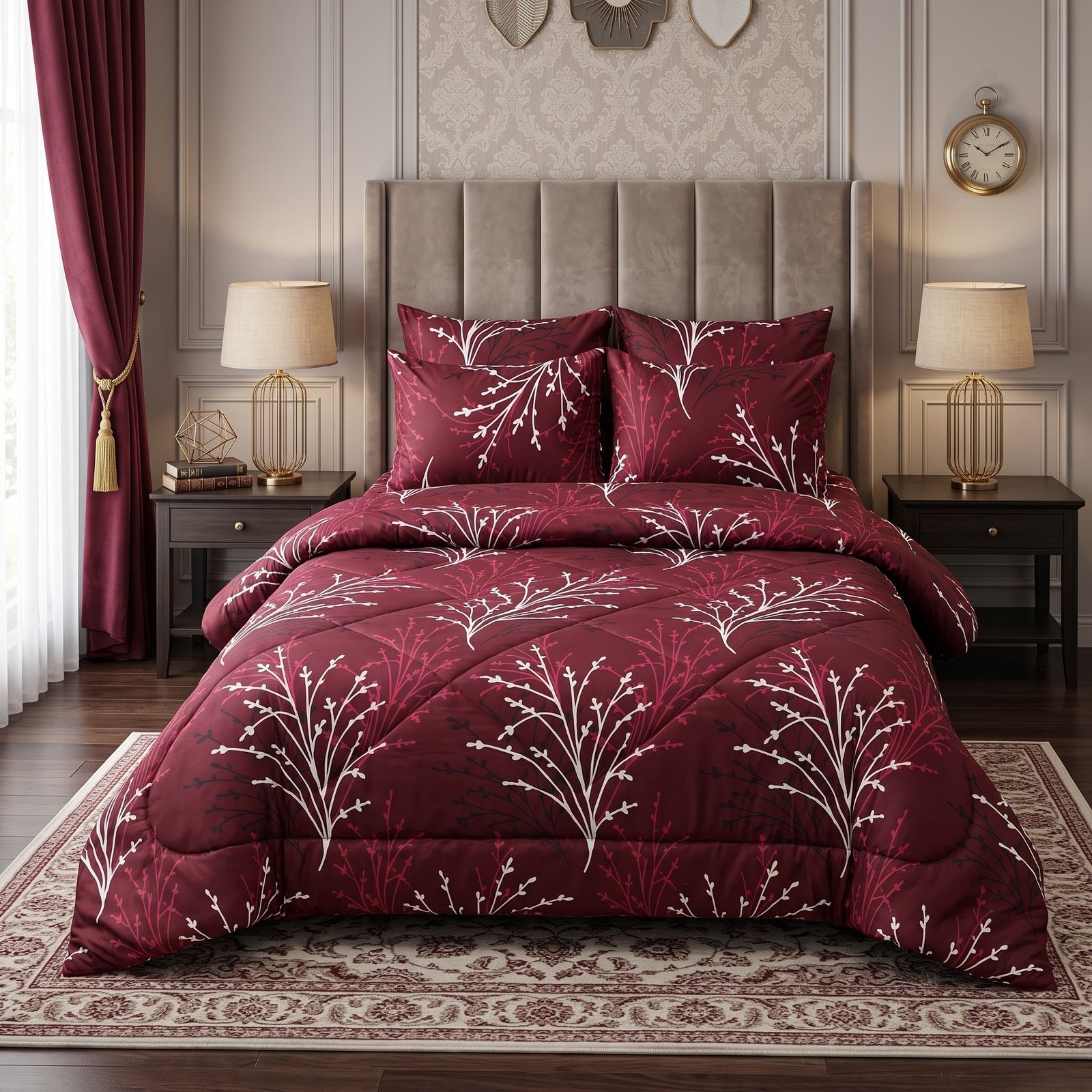 Razai set 7 Deep Maroon Branch Pattern 6PC Razayi Set - Image 1