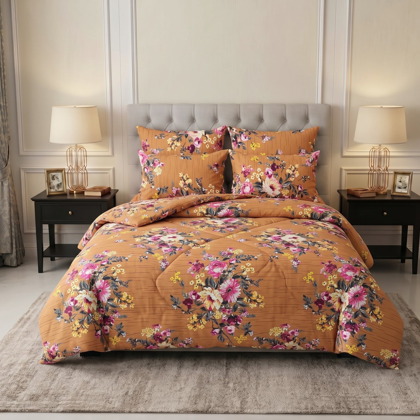 Razai set 9 Mustard Amber Floral Blossom 6PC Razayi Set - Image 1