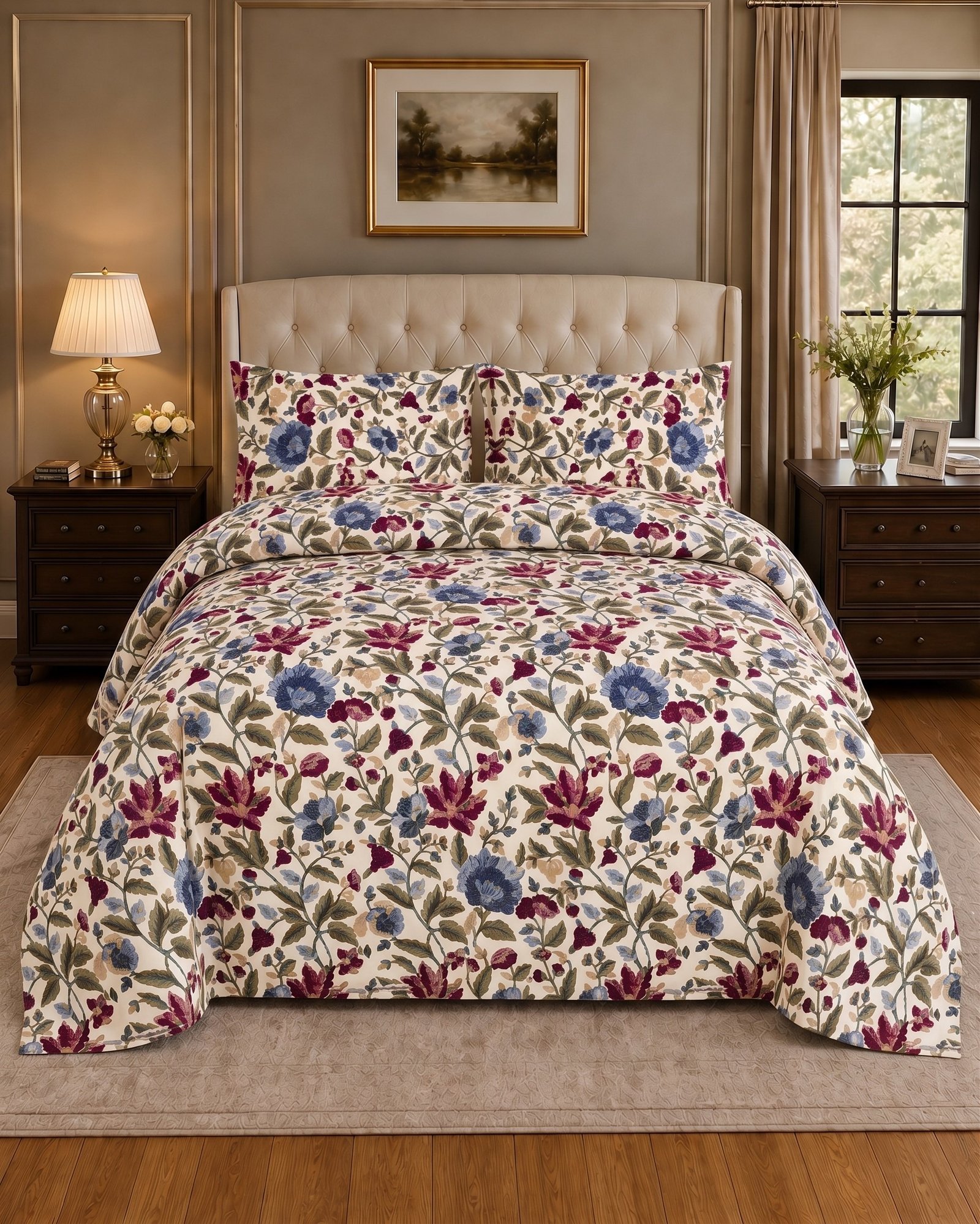 Salonika 1 Beige Floral Bloom King Bed Sheet Set - Image 1