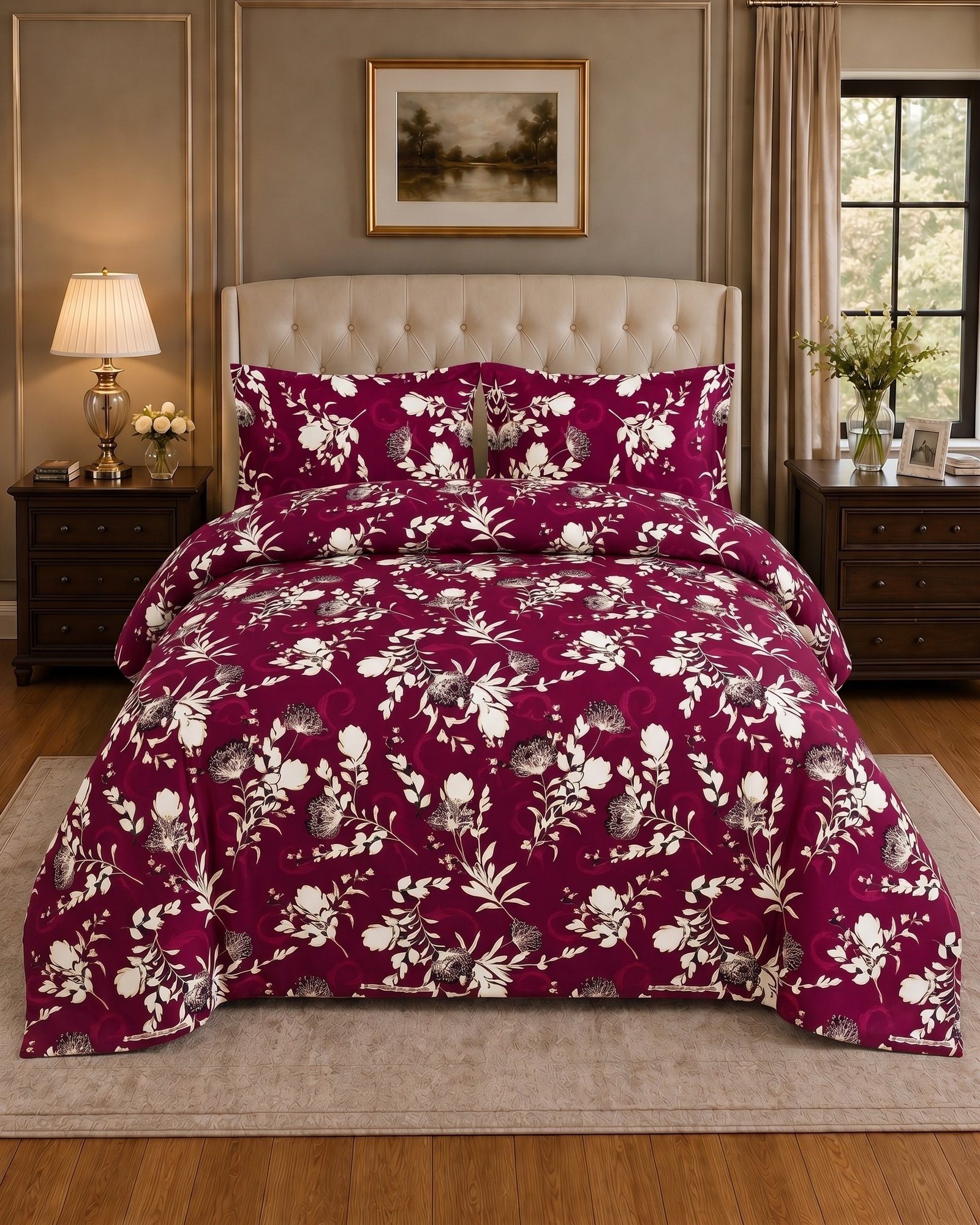 Salonika 10 Deep Plum White Floral King Bed Sheet Set - Image 1