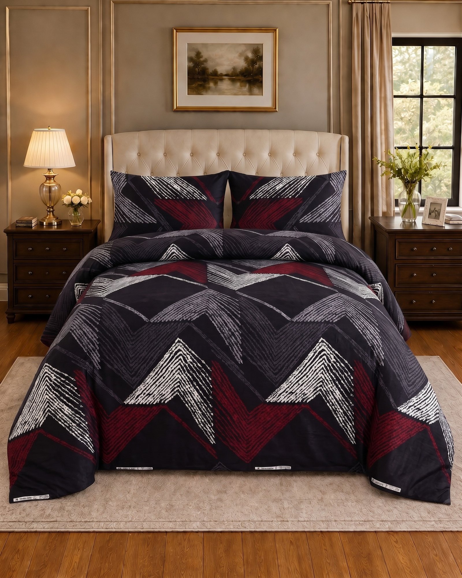 Salonika 11 Charcoal Burgundy Chevron King Bed Sheet Set - Image 1