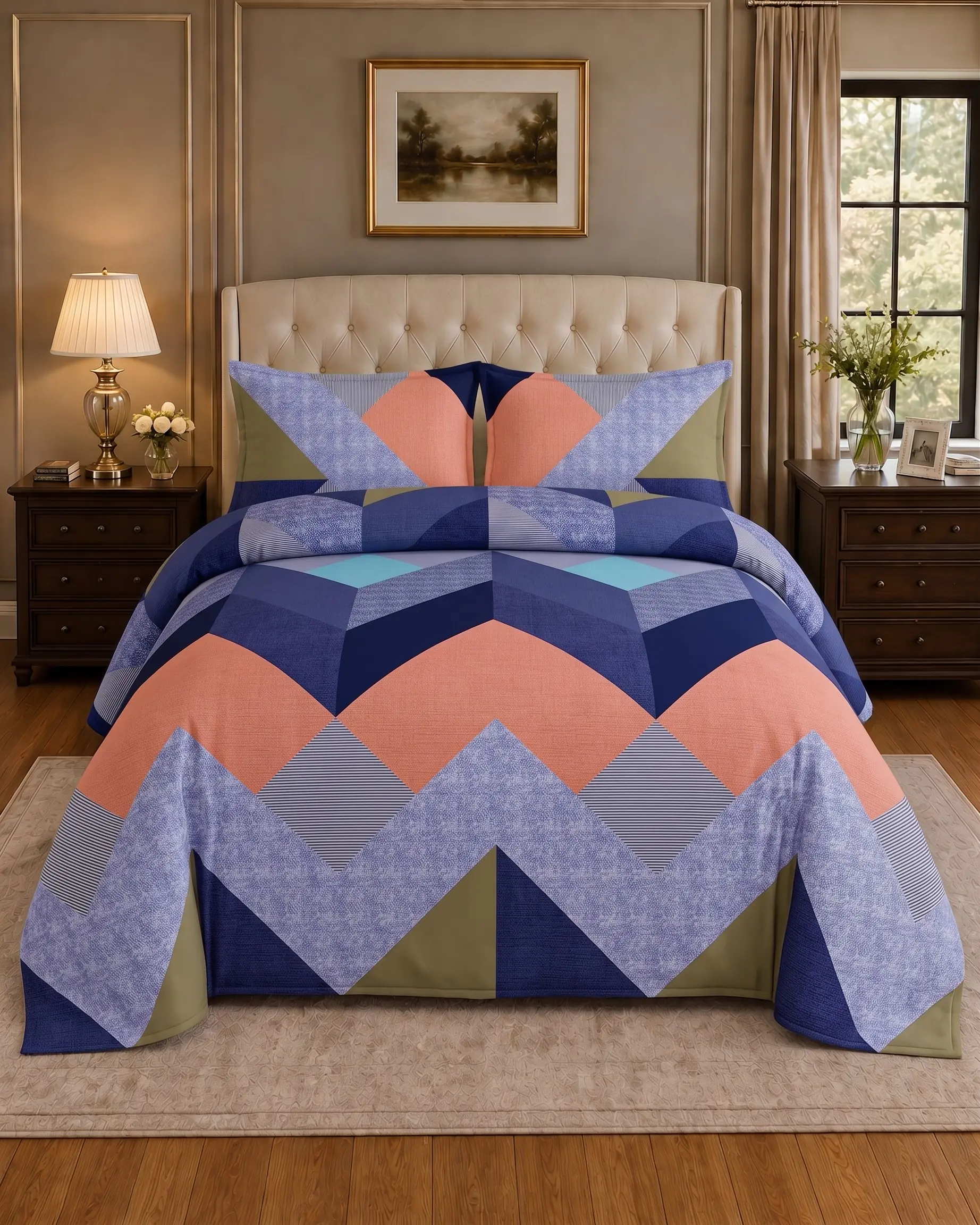 Salonika 12 Peach & Blue Geometric Block King Bed Sheet Set - Image 1
