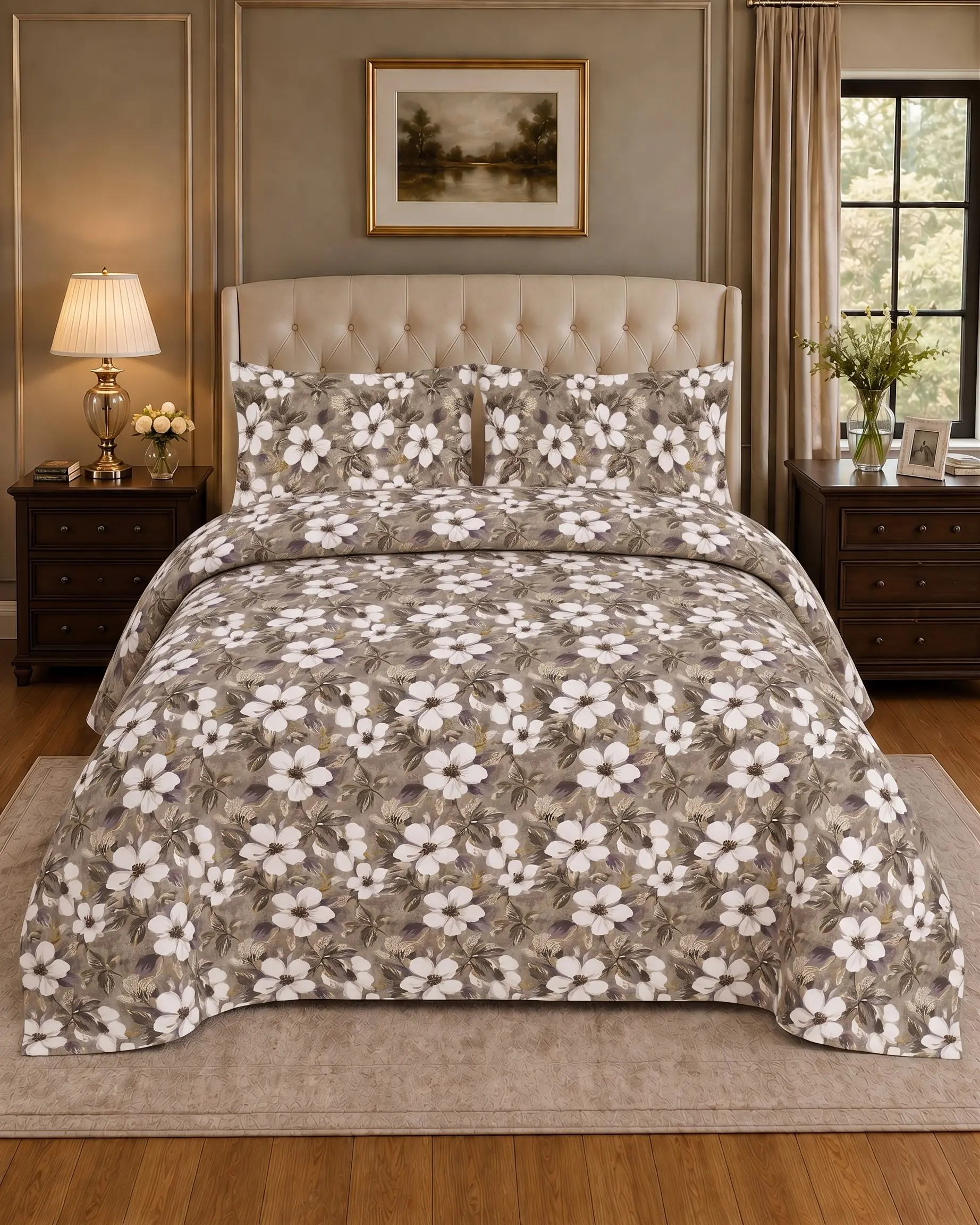 Taupe White Daisy King Bed Sheet Set - Image 1