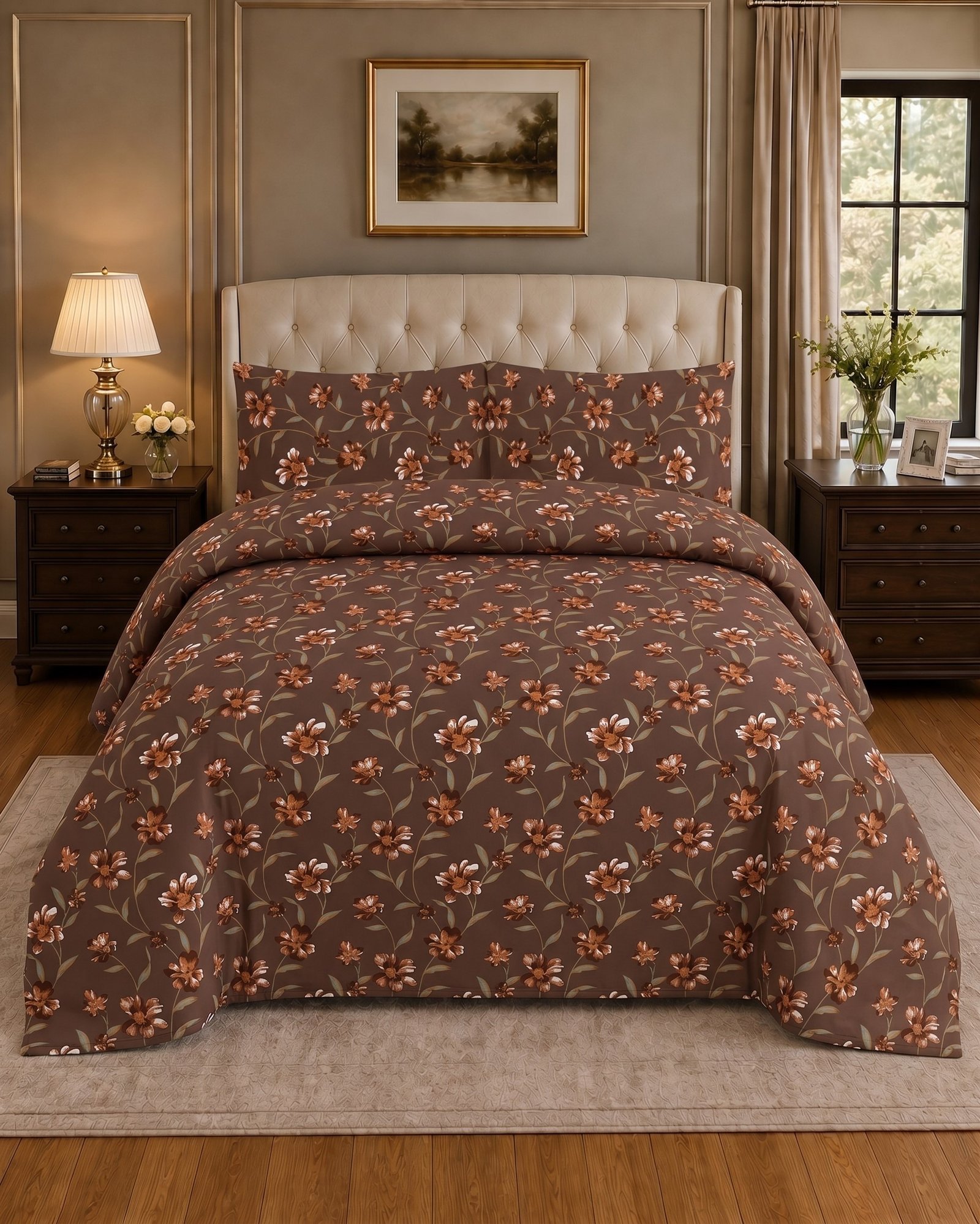 Salonika 14 Mocha Brown Coral Floral King Bed Sheet Set - Image 1