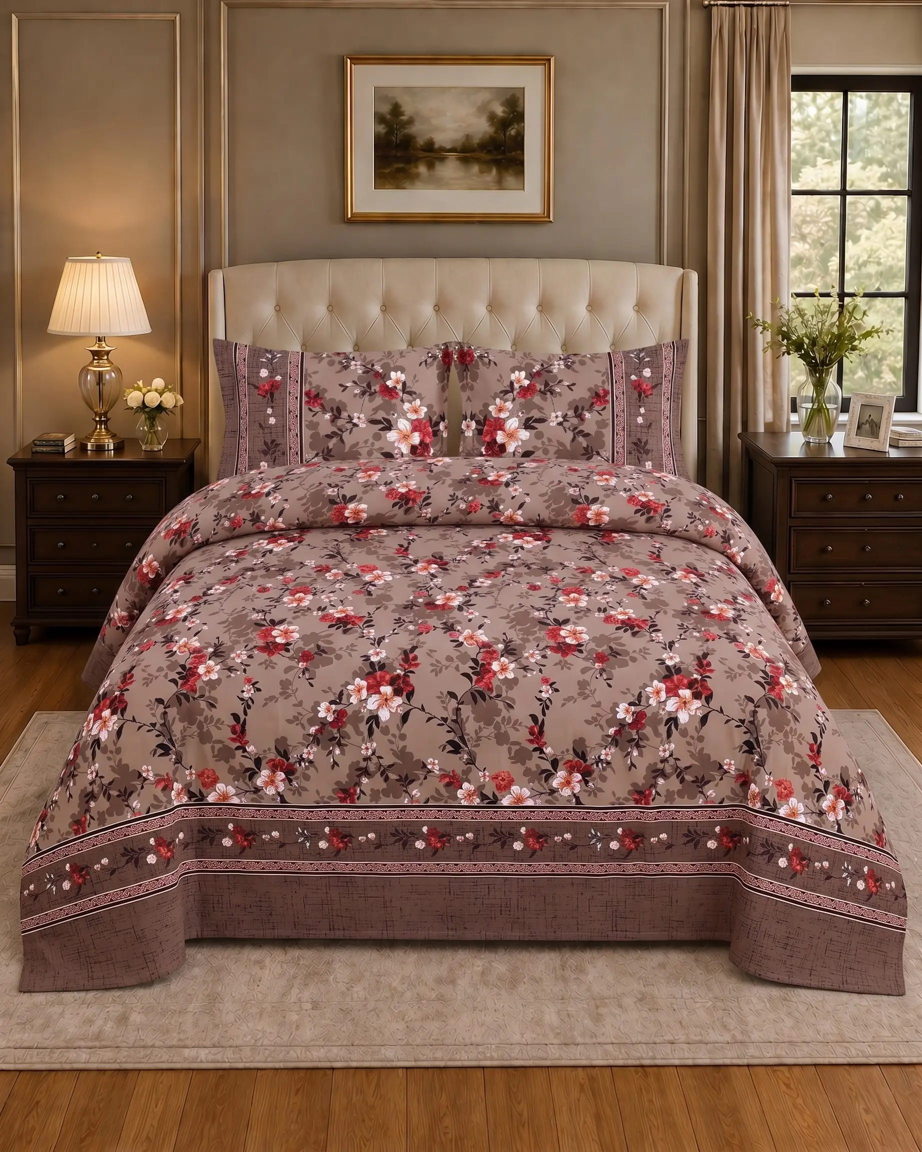 Salonika 15 Taupe Pink Floral Border King Bed Sheet Set - Image 1