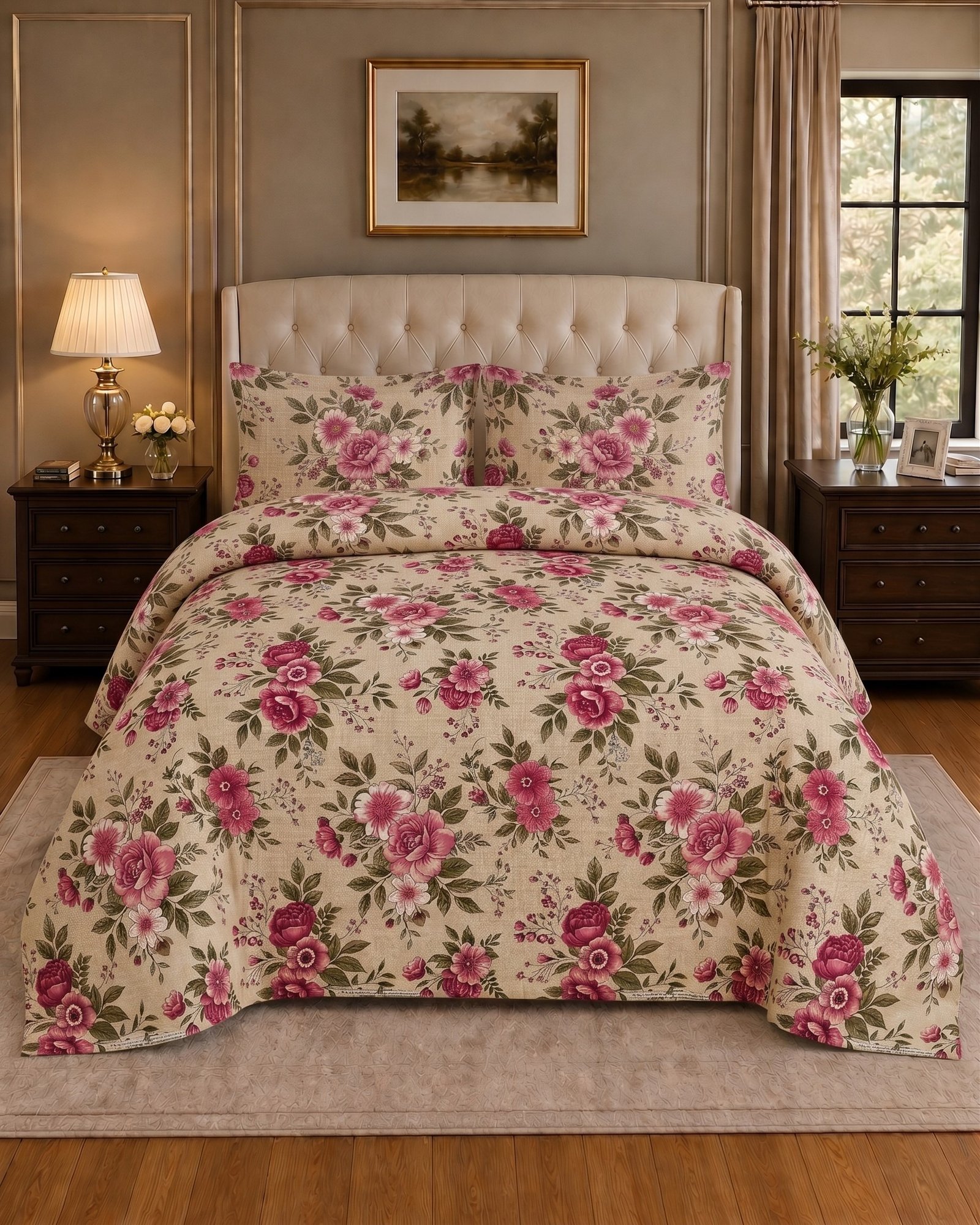 Salonika 16 Cream Pink Rose Bouquet King Bed Sheet Set - Image 1