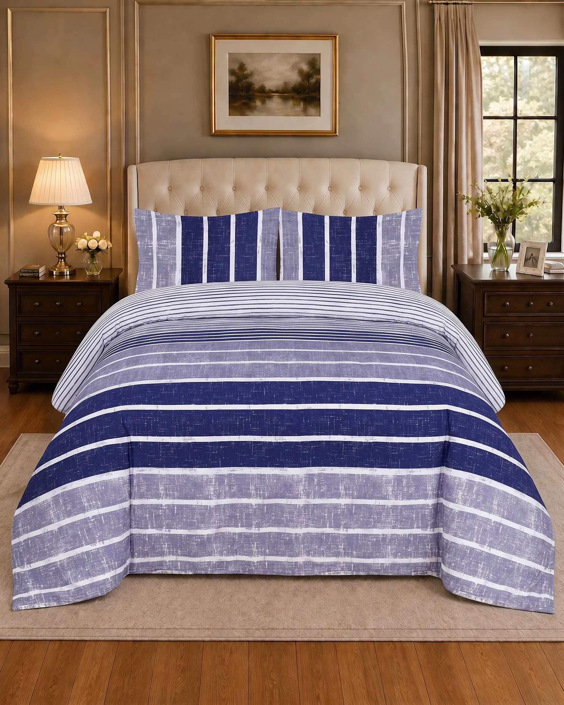 Salonika 3 Royal Blue Striped King Bed Sheet Set - Image 1