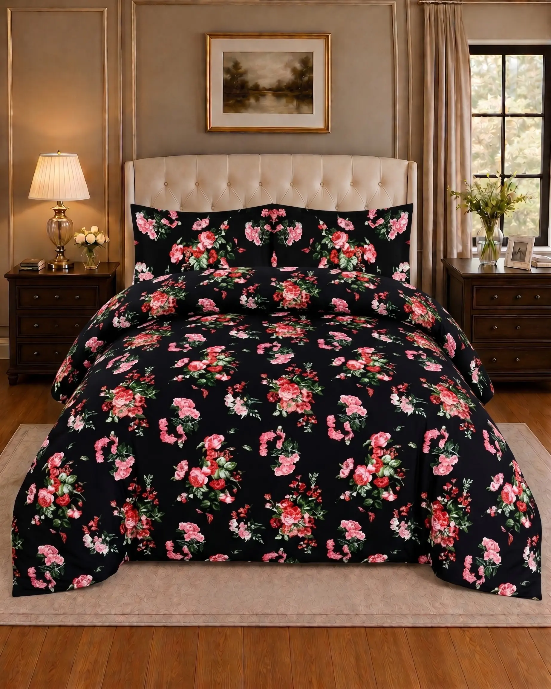 Salonika 4 Midnight Black Rose King Bed Sheet Set - Image 1