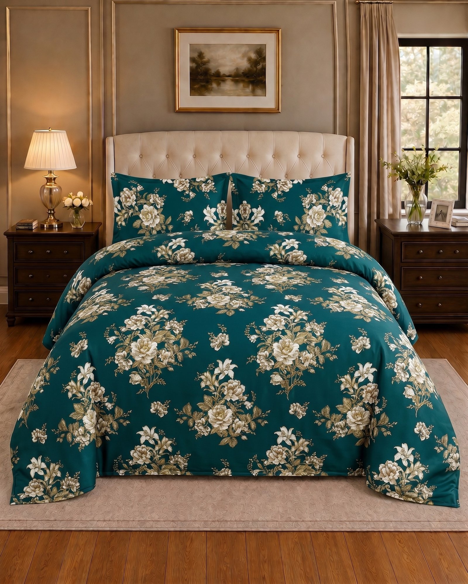 Salonika 5 Teal Green Floral King Bed Sheet Set - Image 1