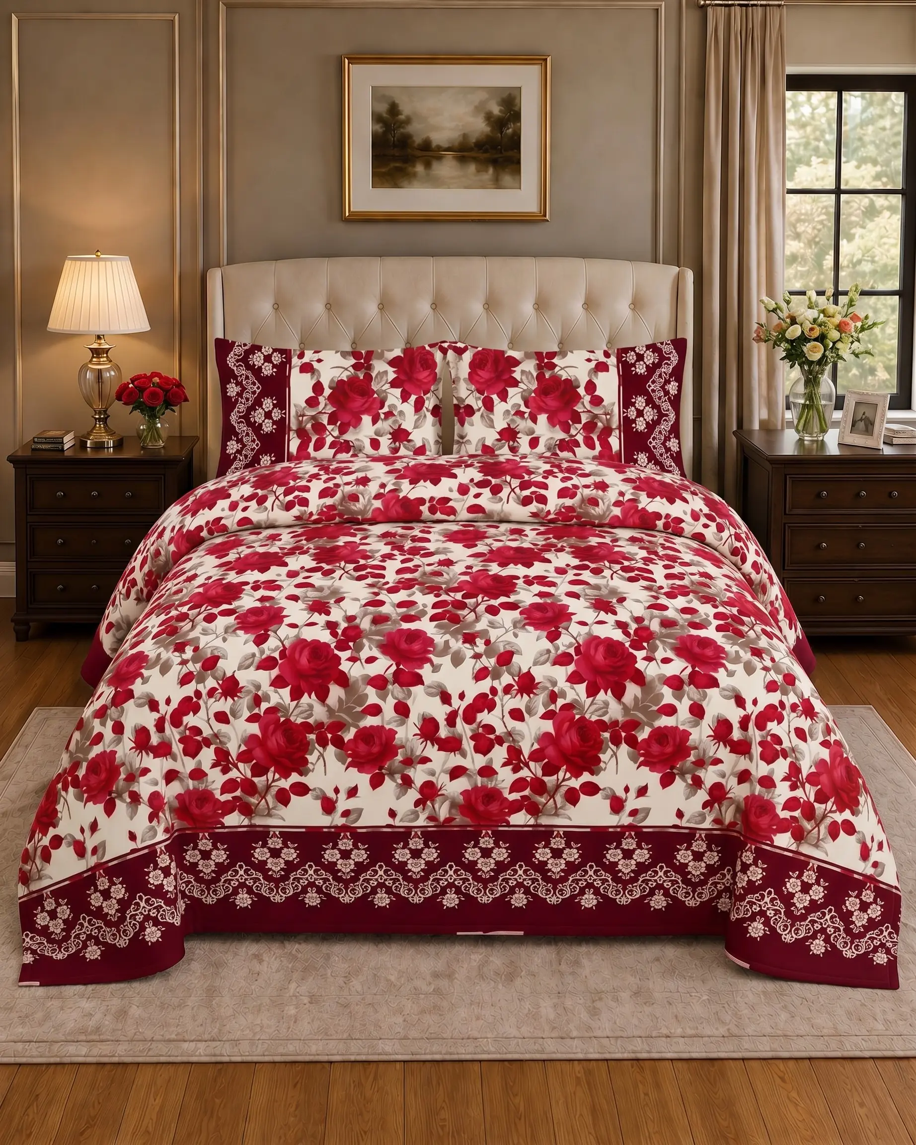 Salonika 9 Crimson Red Border Rose King Bed Sheet Set - Image 1