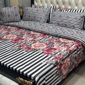 7Pc Printed Comforter Set – Black Floral Stripe