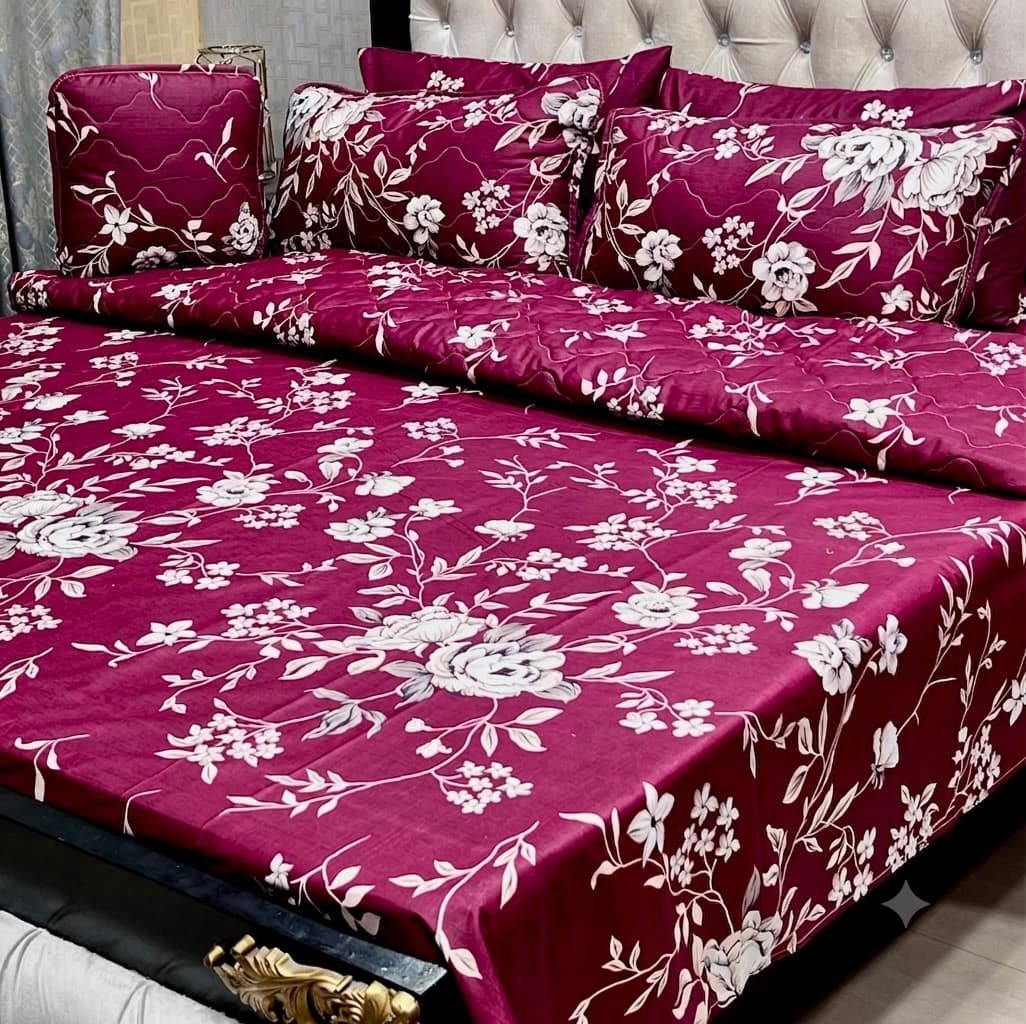 19f4b27b-0322-4c9f-adb9-7dfc3f02c86b 7Pc Printed Comforter Set – Deep Plum White Floral - Image 1