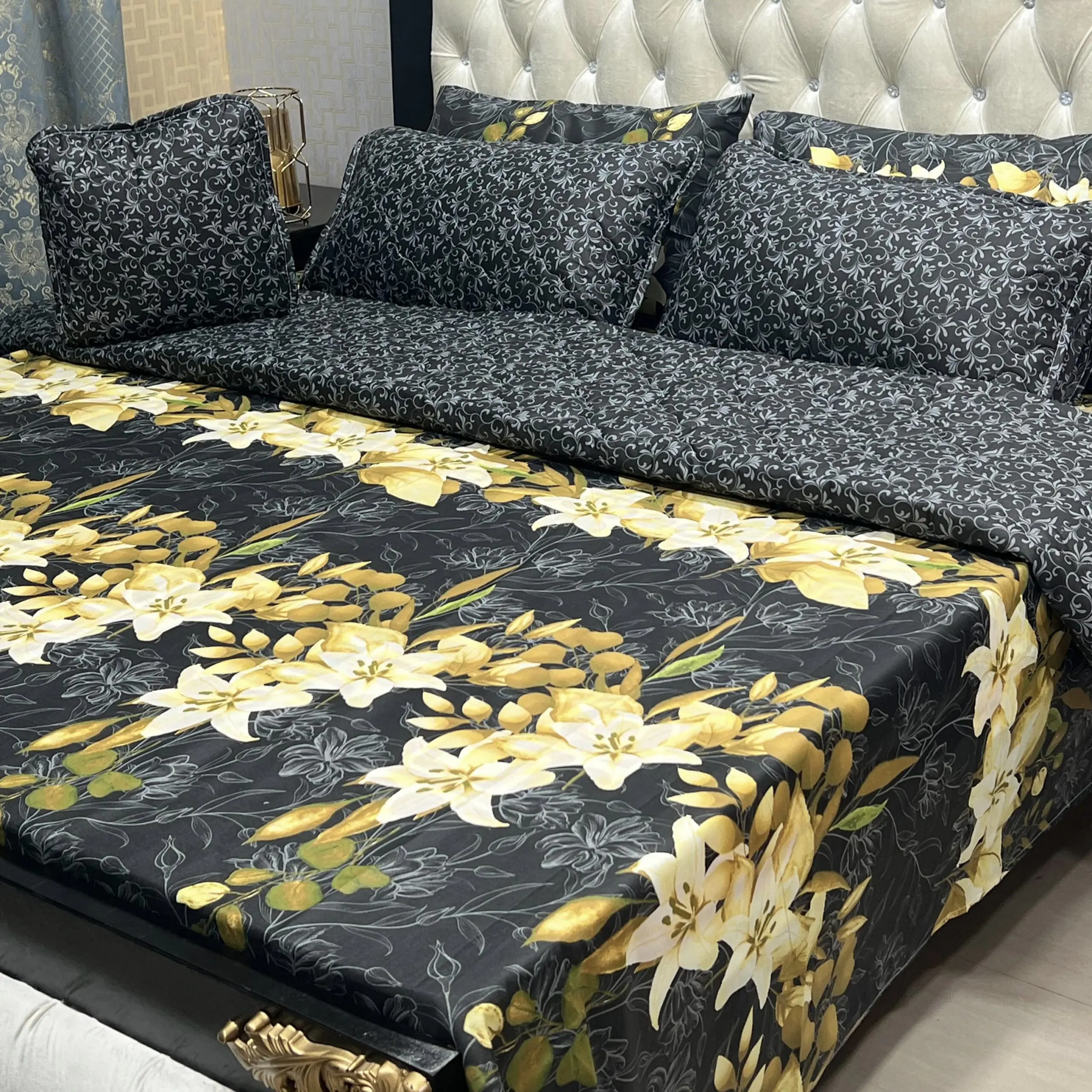 7Pc Printed Comforter Set – Black Golden Lily - Image 1