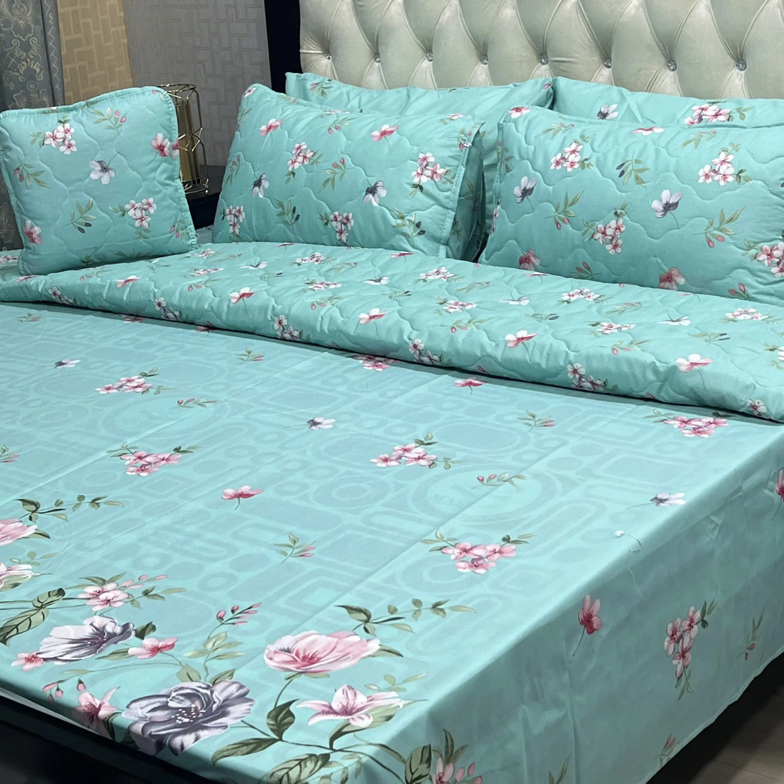 f71f84b5-c98a-4963-9afb-ed0ad8b34071 7Pc Printed Comforter Set – Aqua Mint Soft Blossom - Image 1